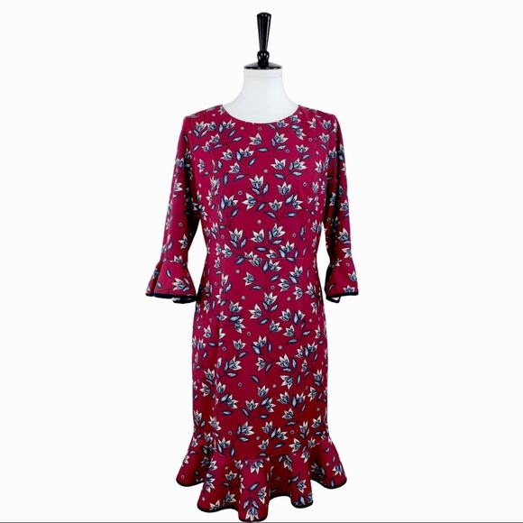 Nanette Lepore Dress Ponte Knit Flare Hem Midi Burgundy Floral Women's Size 8 - Picture 2 of 12